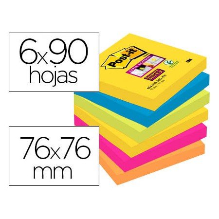 Bloco de Notas Adesivas Post-It Super Sticky 76X76 Mm com 90 Folhas Pack de 6 Bloco Cores Sortidas Colecao Rio de Janeir