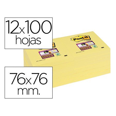 Bloco de Notas Adesivas Post-It Super Sticky 76X76 Mm Con 12 Blocos Amarelo Canario