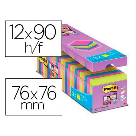 Bloco de Notas Adesiva Post-It Super Sticky 76X76 Mm 90 Folhas Cores Sortidas Pack de 21 + 3