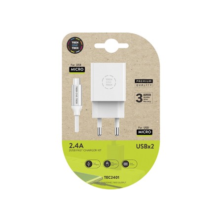 Carregador Tech One Tech 2.4 Duplo USB + Cabo Braided Nylon Micro USB Android Comprimento 1 Mt Cor Branco