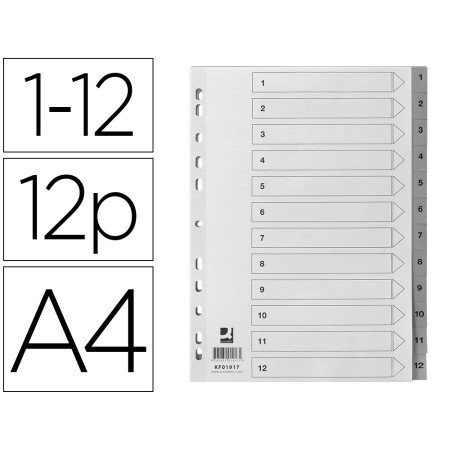 Separador Numerico Q-Connect Plastico 1-12 Conjunto de 12 Separadores Din A4 Multiperfurados