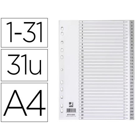 Separador Numerico Q-Connect Plastico 1-31 Conjunto de 31 Separadores Din A4 Multiperfurados
