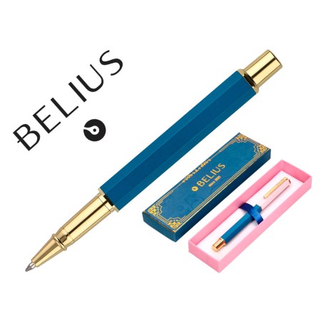 Esferografica Belius Macaron Bliss Aluminio Desenho Hexagonal Rosa Azul E Dourado Tinta Azul Caixa Design