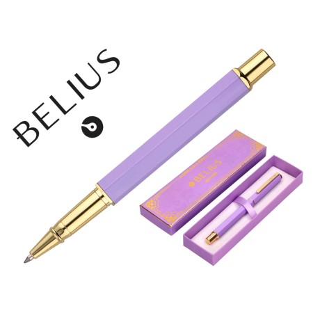 Esferografica Belius Macaron Bliss Aluminio Desenho Hexagonal Roxo E Dourado Tinta Azul Caixa Design