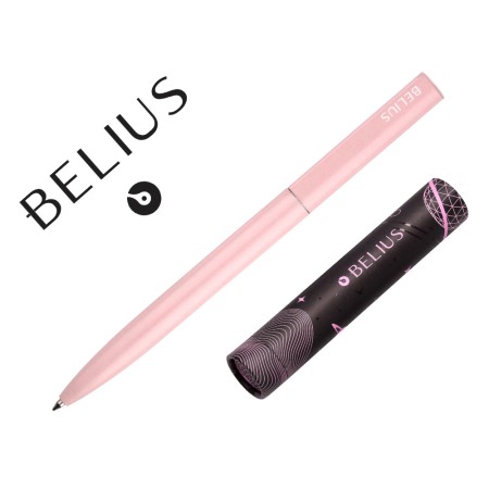 Esferografica Belius Rocket B Aluminio Desenho Minimalista Rosa Caixa Cilindrica Tinta Azul