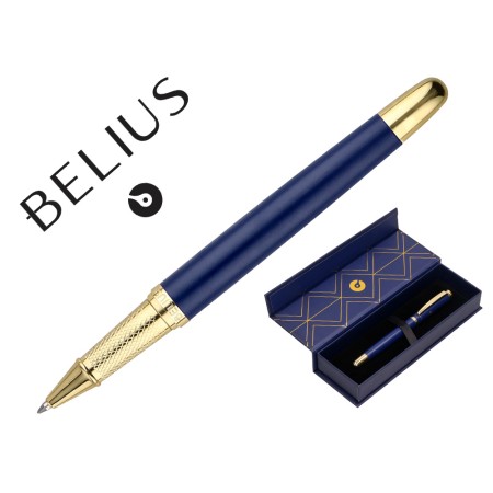 Esferografica Belius Soiree Aluminio Desenho Art Deco Azul Marinho E Dourado Tinta Azul Caixa Design