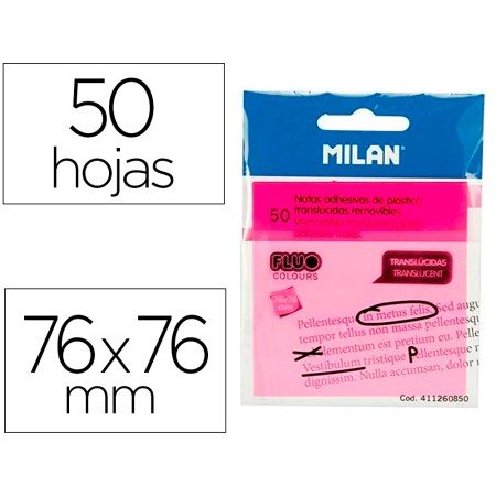 Bloco de Notas Adesivas Milan 76X76 Mm Removivel Plastico Translucido Rosa Fluor 50 Folhas