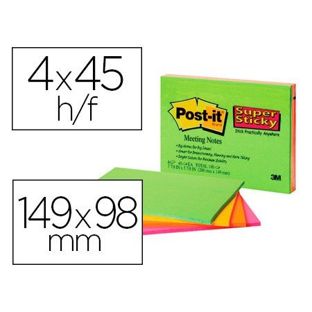 Bloco de Notas Adesivas Post-It Super Sticky 149X98 Mm com 45 Folhas Pack de 4 Unidades Cores Neon