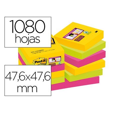 Bloco de Notas Adesivas Post-It Super Sticky 47,6X47,6 Mm com 90 Folhas Pack de 12 Bloco Cores Sortidas