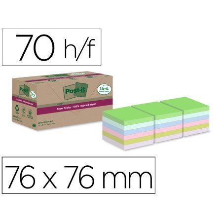 Bloco de Notas Adesivas Post-It Super Sticky 76X76 Mm com 70 Folhas Recicladas Pack de 14 Uds Cores Sortidas + 4 Gratis
