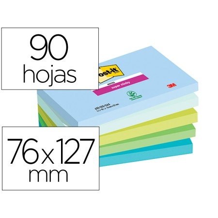 Bloco de Notas Adesivas Post-It Super Sticky Oasis 76X127 Mm 90 Folhas 100% Pefc Pack de 5 Unidades
