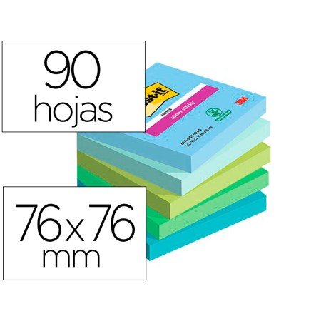 Bloco de Notas Adesivas Post-It Super Sticky Oasis 76X76 Mm 90 Folhas 100% Pefc Pack de 5 Unidades