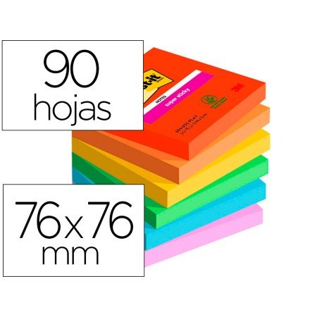 Bloco de Notas Adesivas Post-It Super Sticky Playful 76X76 Mm 90 Folhas 100% Pefc Pack de 6 Unidades