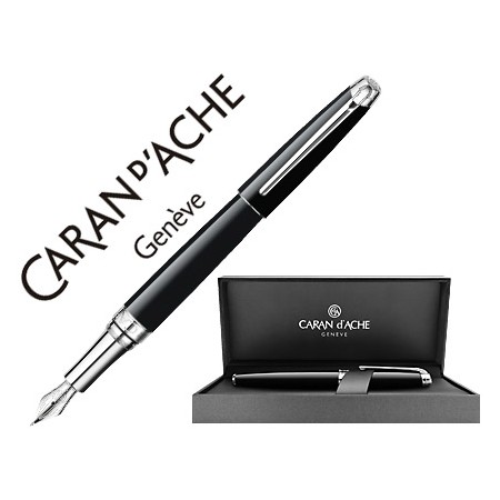 Caneta Caran D'Ache Leman Ebony Laca China Preta Adornos Prateados Rodiados Aparo Ouro 18K Rodiado