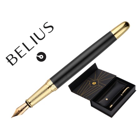 Caneta E Estojo Belius Soiree Desenho Art Deco Preto E Dourado Tinta Azul Caixa Design