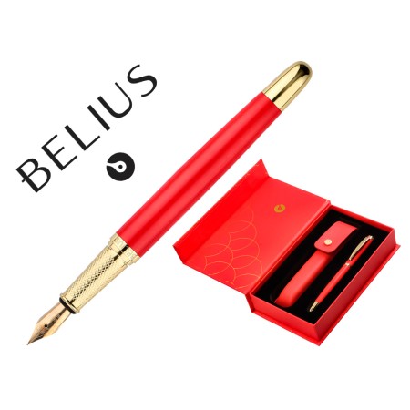 Caneta E Estojo Couro Belius Passion Dor Aluminio Textura Escovado Vermelho E Dourado Tinta Azul Caixa Design