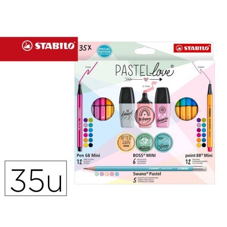 Conjunto Stabilo Pastel Love Mini World Pen 68 / Point 88 / Boss / Swano 35 Unidades Sortidas