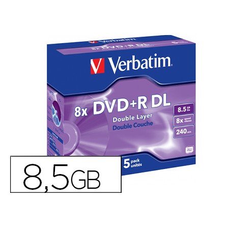 Dvd+R Verbatim Dupla Capa Capacidade 8.5Gb Velocidade 8X 240 Min Pack de 5 Unidades