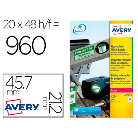 Etiqueta Adesiva Avery Poliester Branco Para Impressora Laser 45,7X21,2 Mm Caixa de 960 Unidades