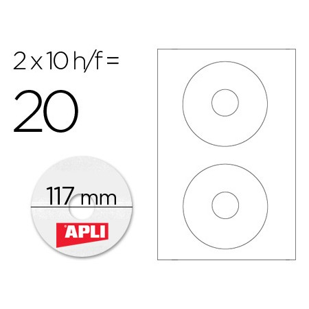 Etiquetas Adesivas Apli 10603 Formato Cd-Rom 117 Mm -Fotocopiadora Tinteiro Caixa com 10 Folhas/20 Etiquetas