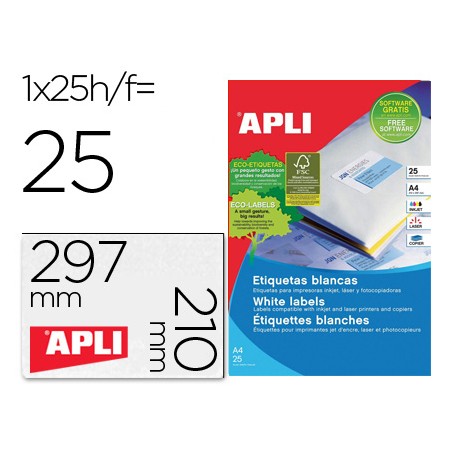 Etiquetas Adesivas Apli 1215 Formato 210X297 Mm Para Fotocopia Laser Tinteiro Caixa com 25 Folhas com 25