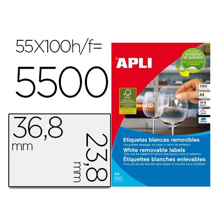 Etiquetas Adesivas Apli 36,8X23,8 Mm Fotocopiadora Laser Tinteiro Caixa 100 Folhas Din A4 com 5500 Etiquetas