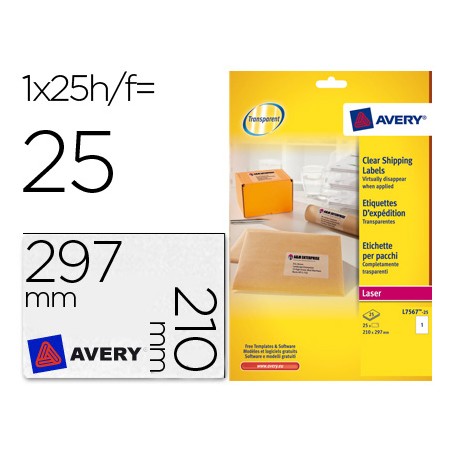 Etiquetas Adesivas Avery Din A4 Imprimiveis Transparente 210X297 Mm Caixa de 25 Folhas com 25 Etiquetas