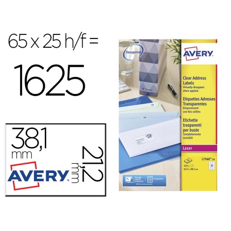 Etiquetas Adesivas Avery Din A4 Imprimiveis Transparente 38,1X21,2 Mm Caixa de 25 Folhas com 1625 Etiquetas