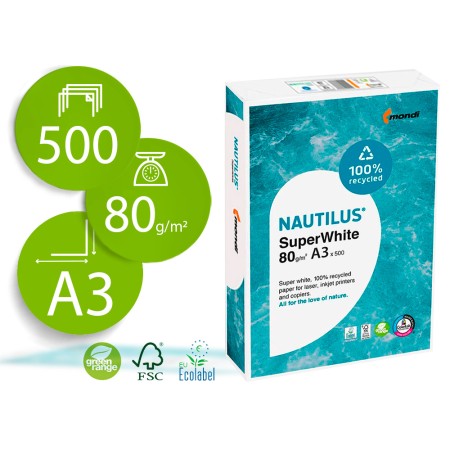 Papel Fotocopia Nautilus Superwhite 100% Reciclado Din A3 80 Gr Embalagem de 500 Folhas