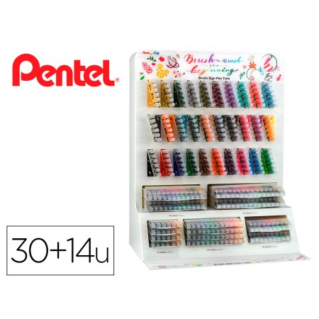 Pincel Pentel Brush Sign Pen com Ponta Dupla Expositor com 30 Cores E 14 Estojos