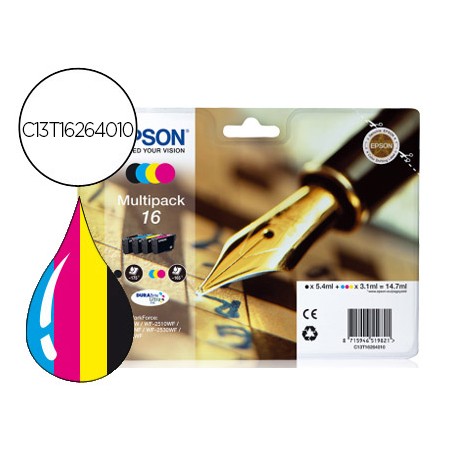 Tinteiro Epson 16 Multipack Workforce Wf-2010W Wf-2510Wf Wf-2520Nf Wf-2530Wf Wf-2540Wf Preto Amarelo Cian E Magenta Capa