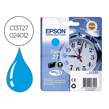 Tinteiro Epson 27 Wf3620 / 7110 / 7610 / 7620 Cyan 300 Pag