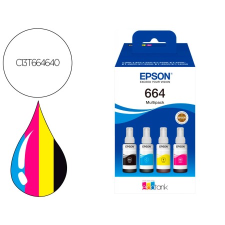 Ink-Epson /664 4 Clr Multipack (Bk / C / M / Y) Ecotank L300 / L355 / L555 / Et-2500 / Et-2550 / Et-2600 /