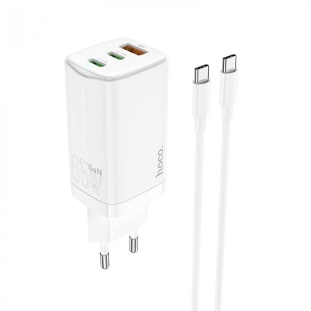 Carregador Tipo GaN 1* USB-A e 2* USB-C, de 65W Hoco N16 - Branco