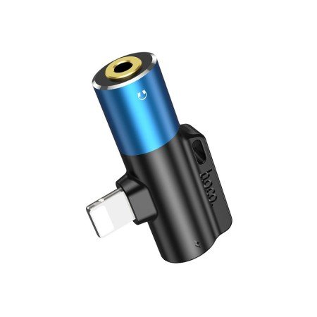 Adaptador Lightning para Jack 3.5mm, com Porta Lightning para Carregamento, Hoco LS32 - Azul