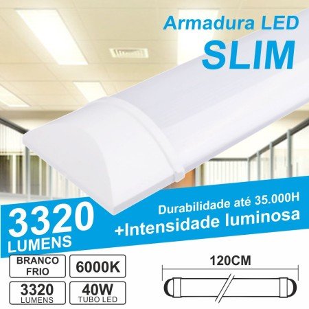 Armadura Led Slim 40W 1.2M Ip20 Branco Frio 3320Lm