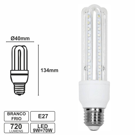 Lâmpada E27 9W70W 230V Led 3U Branco Frio 720Lm