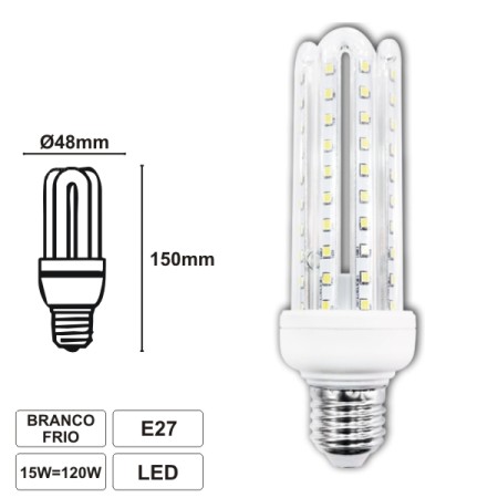 Lâmpada E27 15W120W 230V Led 4U Branco Frio 1200Lm