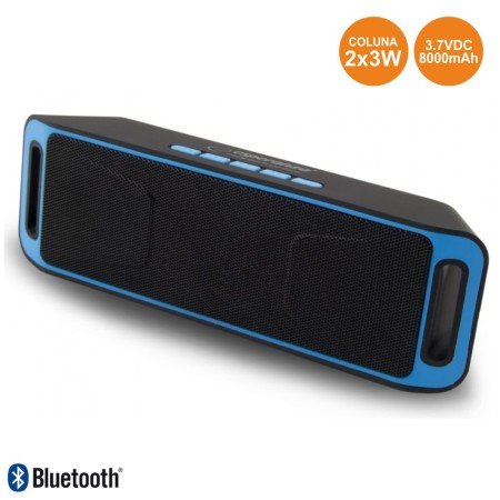 Coluna Bluetooth Portátil 2X3W Usb/Fm/Sd Preto-Azul
