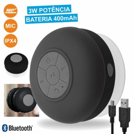 Coluna Bluetooth Portátil C/ Ventosa 3W Preto Ipx4