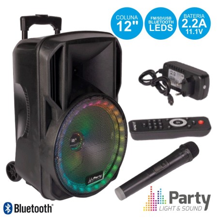 Coluna Amplificada 12" Usb/Fm/Bt/Sd/Bat Vhf Preta Party