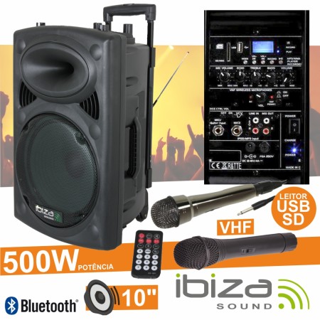 Coluna Amplificada 10" 500W Usb/Bt/Sd/Bat Vhf Preta Ibiza