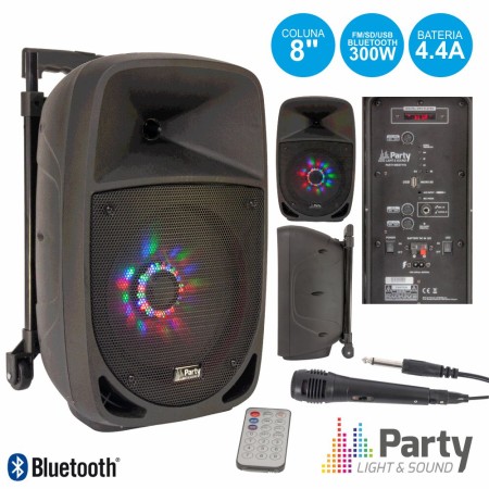 Coluna Amplificada 8" 300W Usb/Fm/Bt/Sd/Bat Vhf Preta