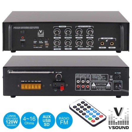 Amplificador Pa 12/220V 3 Entr.120W Bt/Mp3/Usb/Sd/Fm Vsound