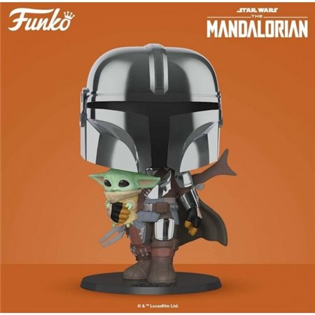 Funko pop star wars o mandaloriano o mandaloriano xl versão armadura cromática com yoda nos braços 49931