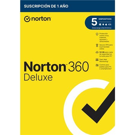 Antivírus norton 360 deluxe 50gb espanhol 1 usuário 5 dispositivos 1 ano caixa genérica rsp mm goma