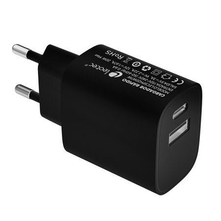 Carregador de parede Leotec 20w carga rápida 1 tipo usb - c pd 1 usb - a preto