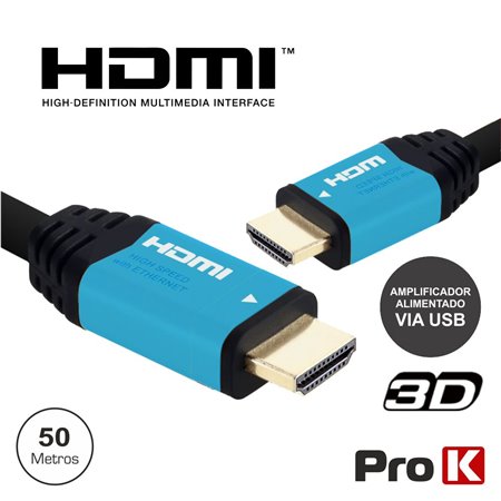 CABO HDMI DOURADO MACHO / MACHO C/ AMPLIFICADOR 50M PROK