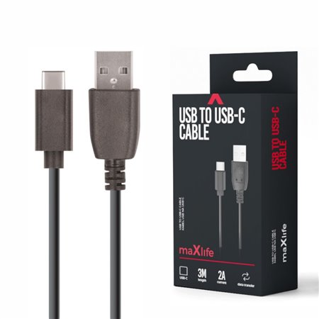 Cabo USB-A 2.0 2A Macho / USB-C Preto 3m