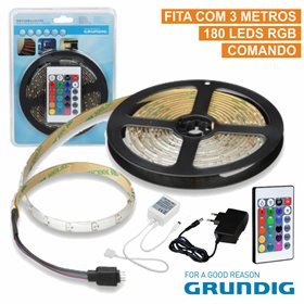 KIT FITA 180 LEDS 3528 IMPERMEÁVEL 12V 3M RGB C/ COMANDO KIT FITA 180 LEDS 3528 IMPERMEÁVEL 12V 3M RGB C/ COMANDO